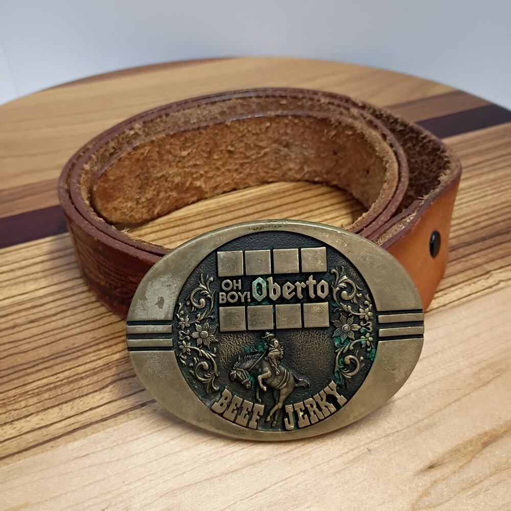 Oh Boy! Oberto Beef Jerky Belt Brass Buckle Eagle Tooled Leather Belt Size 40